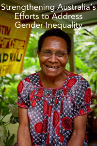 A woman smiles. Text reads ''strengthening Australia's efforts to increase gender equality"