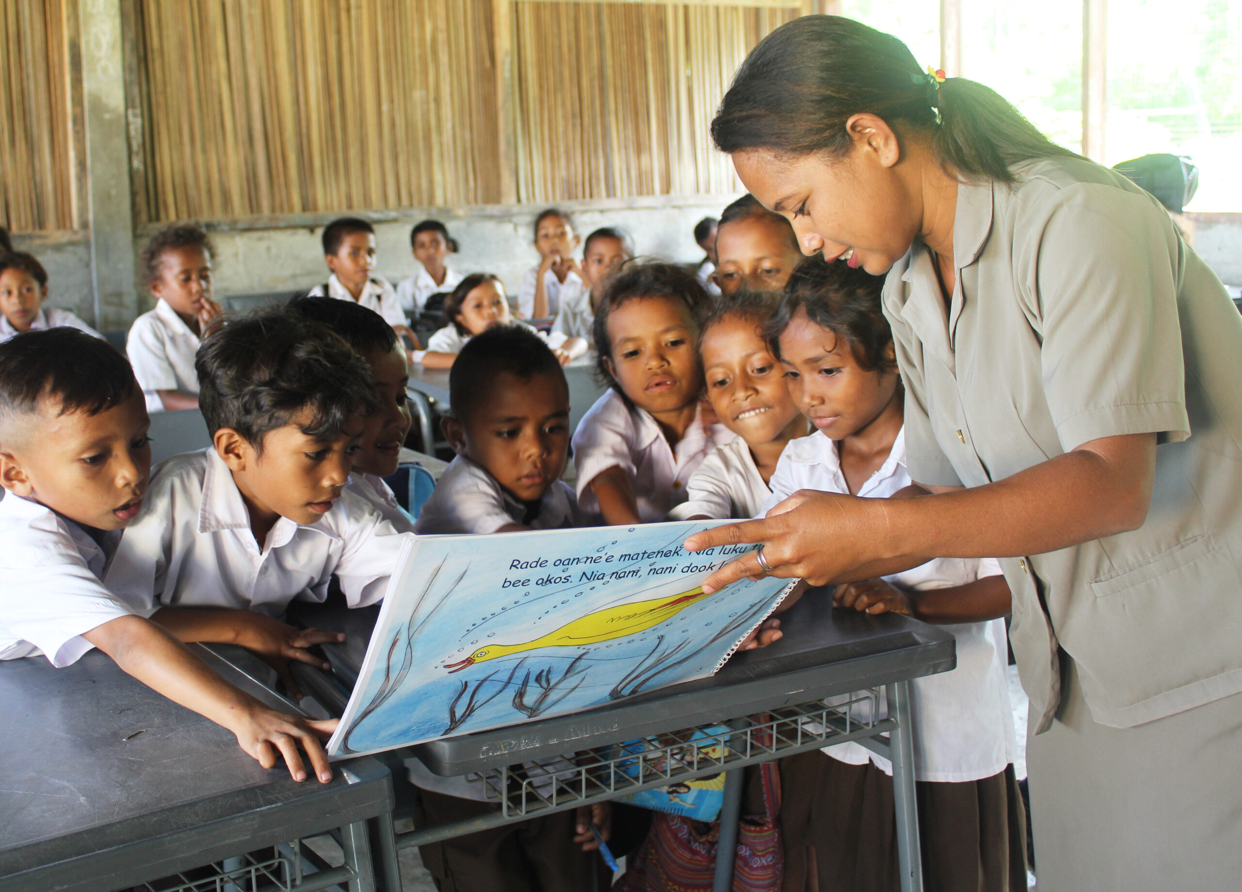 A teacher shows a book  to a group of small children in a classroom