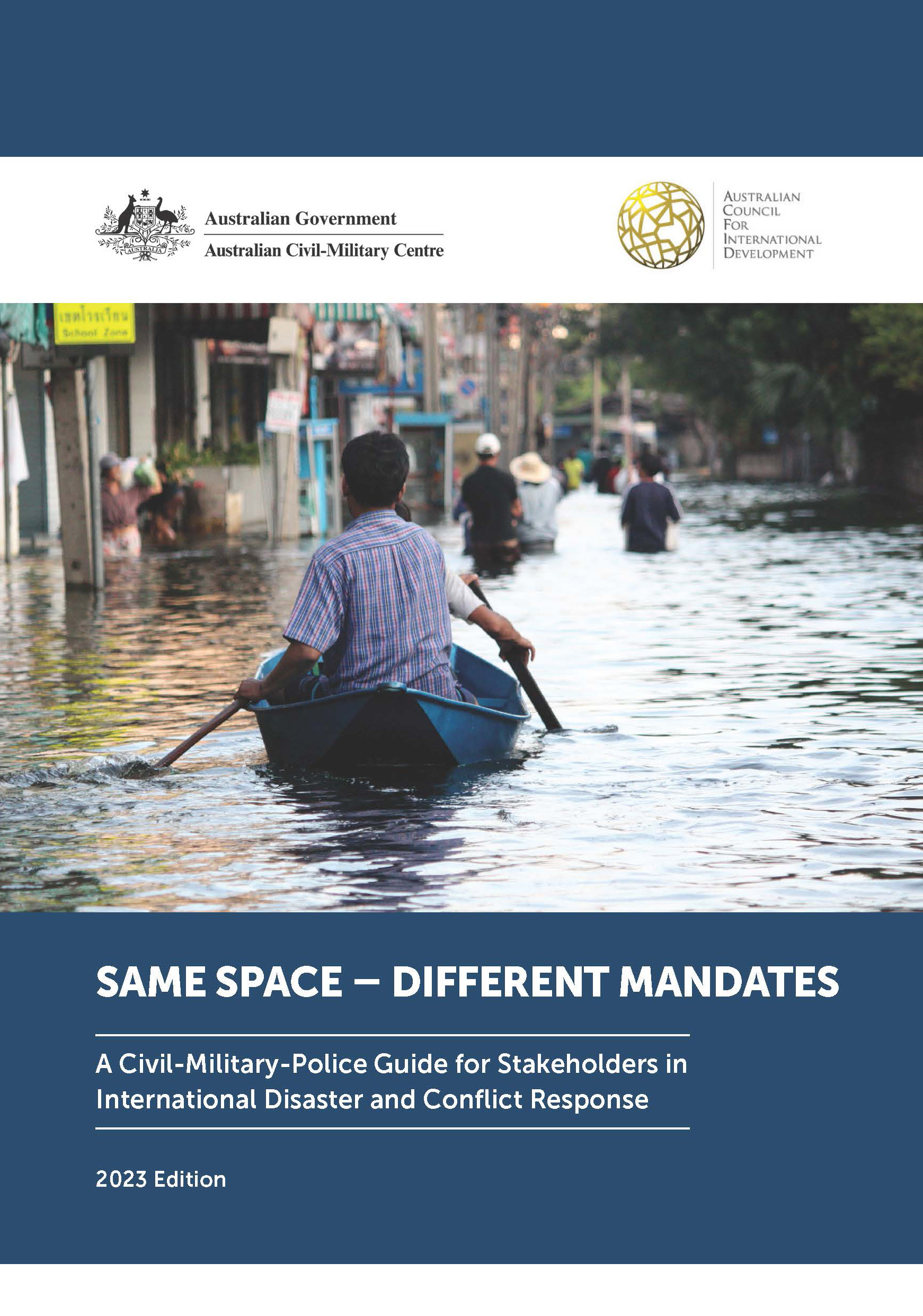 Cover of Same Space Different Mandates Book. Features a picture of a man kayaking down a flooded street.