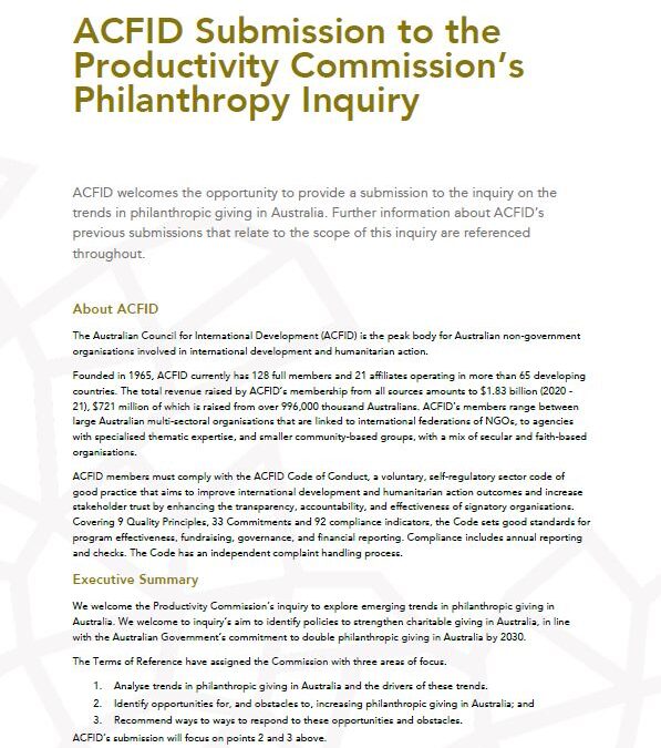 ACFID Submission to Productivity Commission Philanthropy