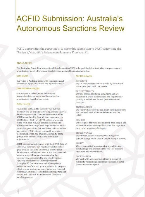 ACFID Submission: Australia’s Autonomous Sanctions Review