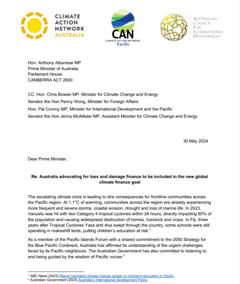 Loss and Damage letter to Prime Minister Albanese