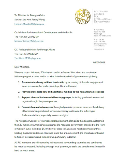 ACFID Letter to Ministers Wong, Conroy and Assistant Minister Watts on the Humanitarian Crisis in Sudan