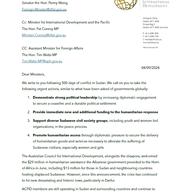 ACFID Letter to Ministers Wong, Conroy and Assistant Minister Watts on the Humanitarian Crisis in Sudan