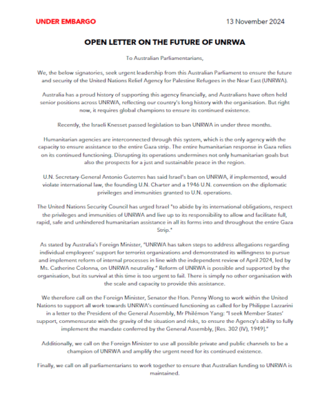 UNRWA Open Letter to Australian Parliamentarians