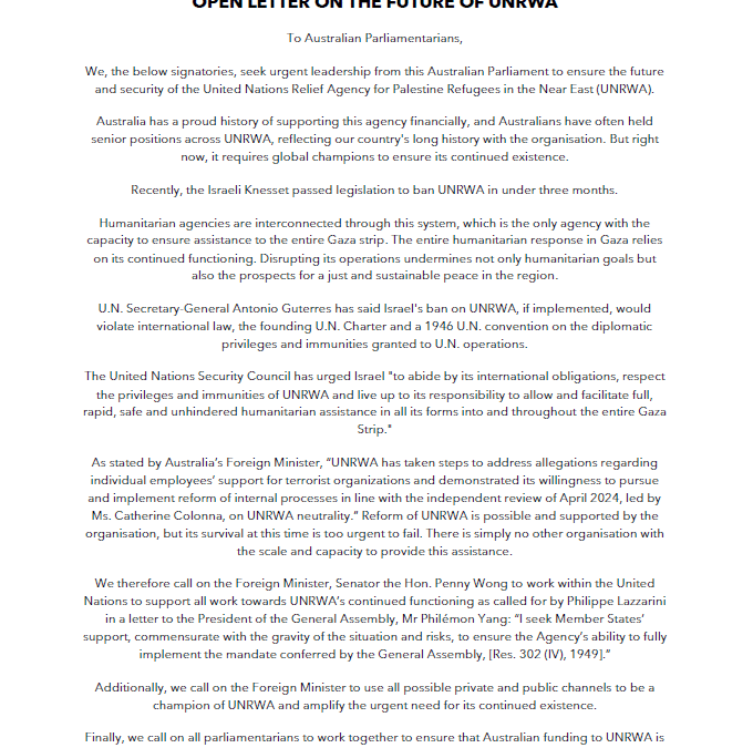 UNRWA Open Letter to Australian Parliamentarians