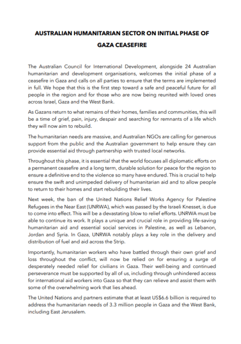 Australian Humanitarian Sector Joint Statement on Gaza Ceasefire