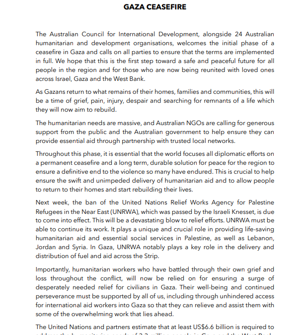 Australian Humanitarian Sector Joint Statement on Gaza Ceasefire