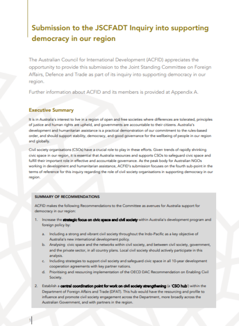 ACFID Submission to the Inquiry into supporting democracy in our region