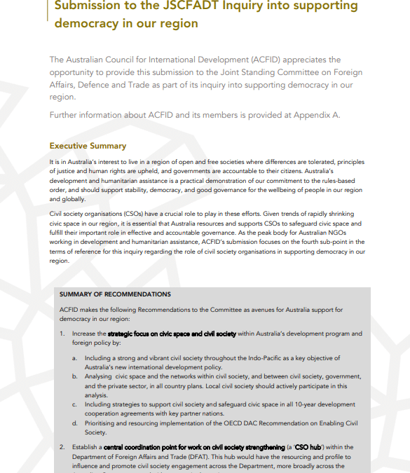 ACFID Submission to the Inquiry into supporting democracy in our region